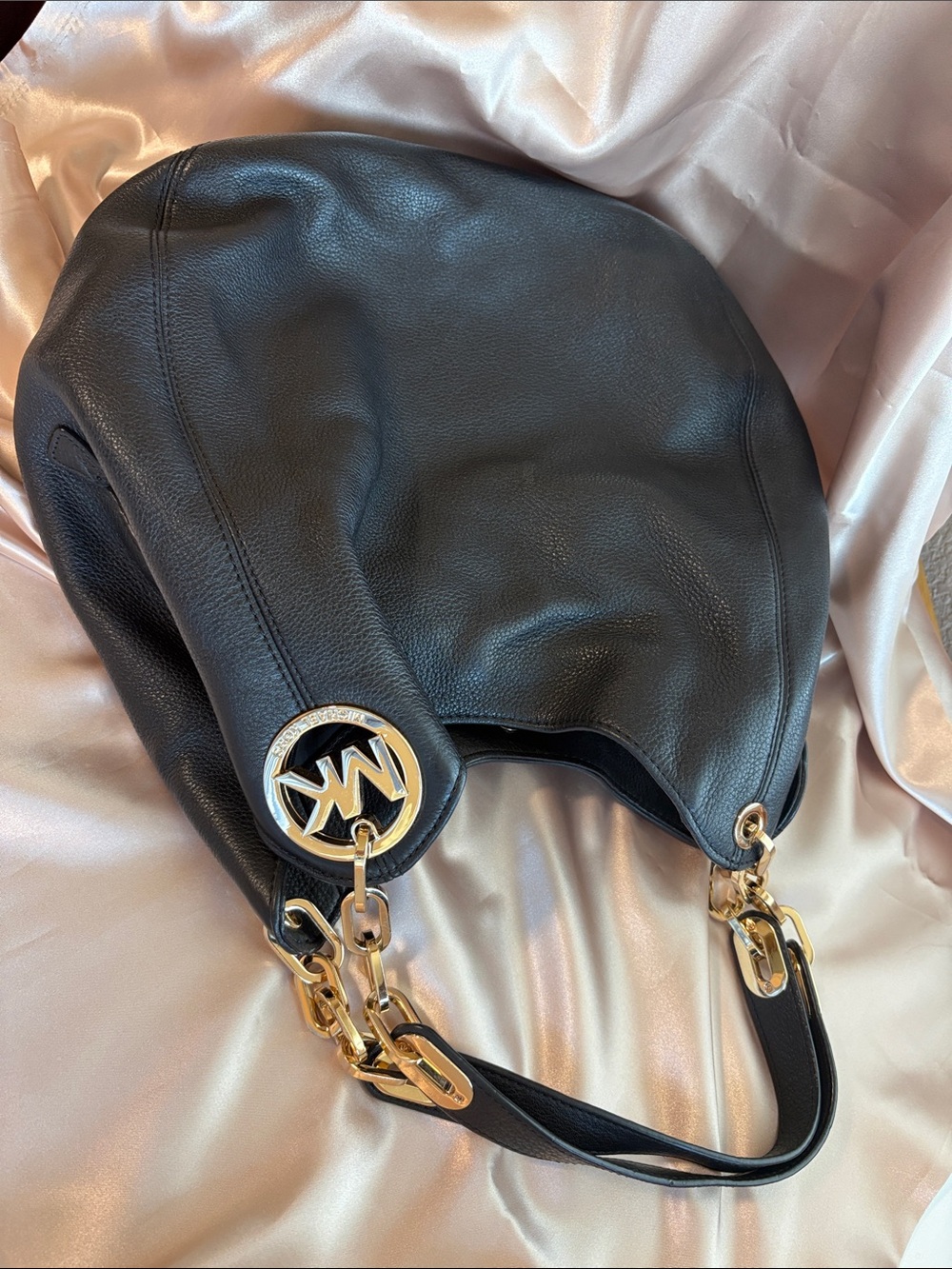 Michael Kors Black Leather Shoulder Hobo with Gold Chain Accents excellent